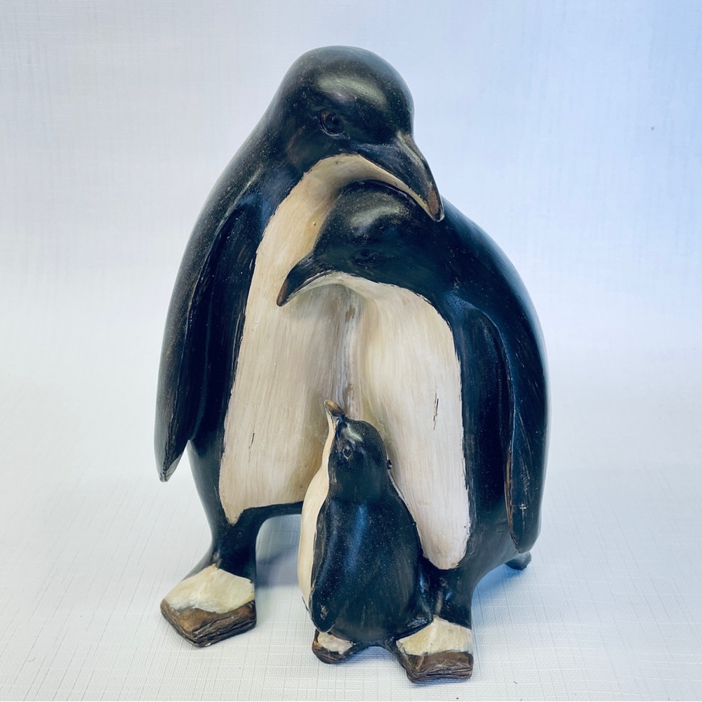 80’s Artisanal Folk Art Hand Carved Wood Penguin Family Figurine Boho MCM 8" VTG